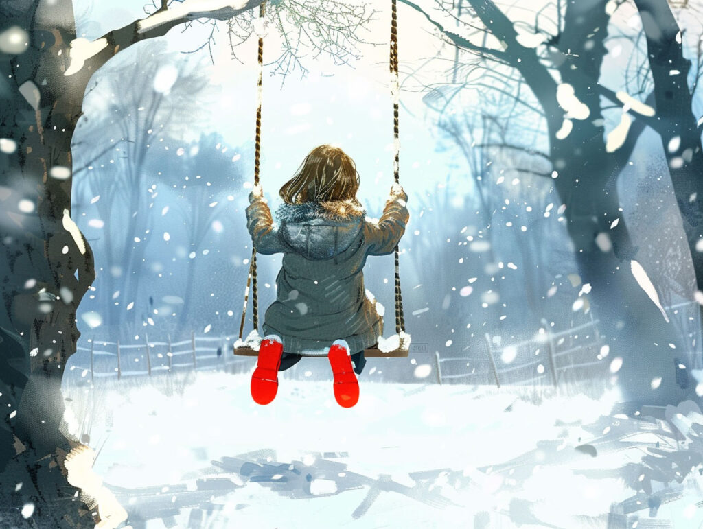 この絵は、雪の降る公園で遊んでいる女の子の絵