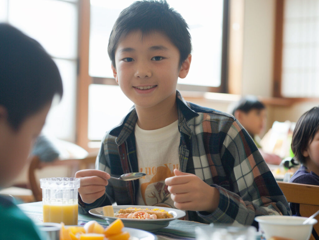 朝食を摂る小学生