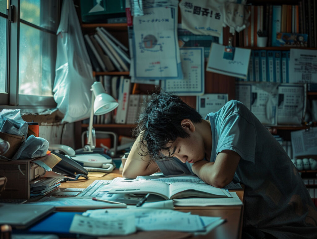 寝不足の状態で勉強する学生