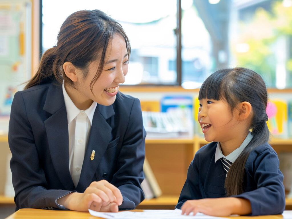 小学生の子供と笑顔溢れる指導