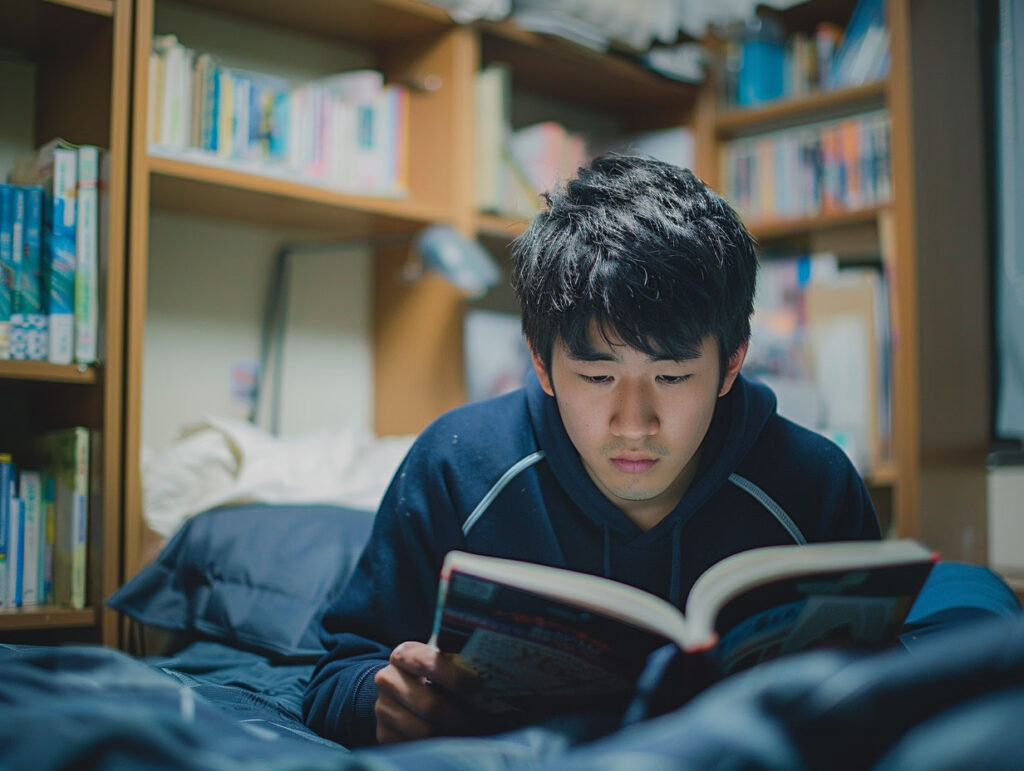 毎晩寝る前に本を読む中学生