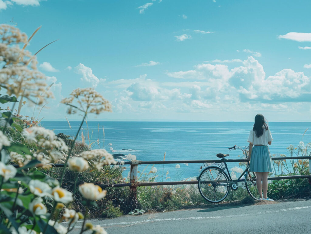 夏に自転車で出かける少女