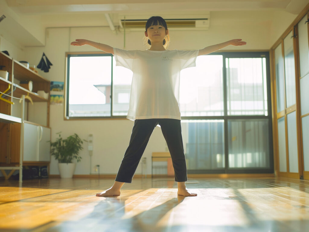 腕を広げてストレッチする女子中学生