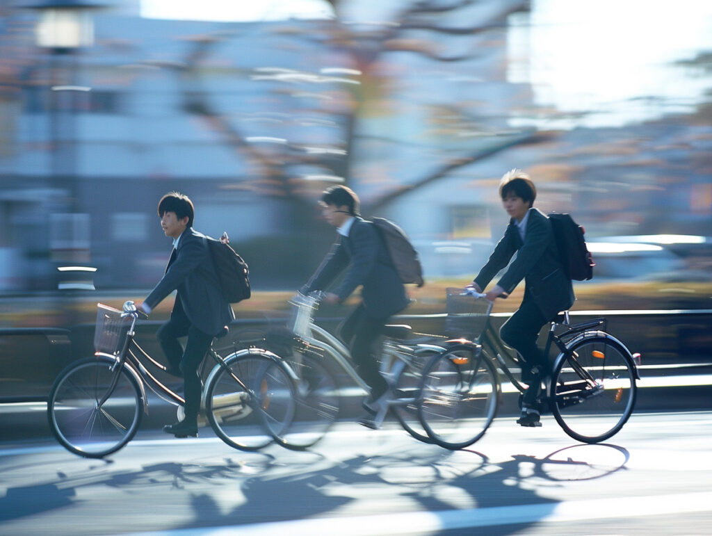 自転車に乗る学生たち