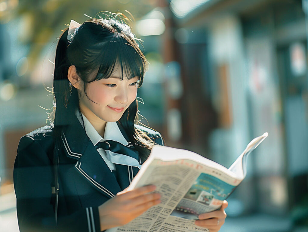 新聞を読む女子中学生