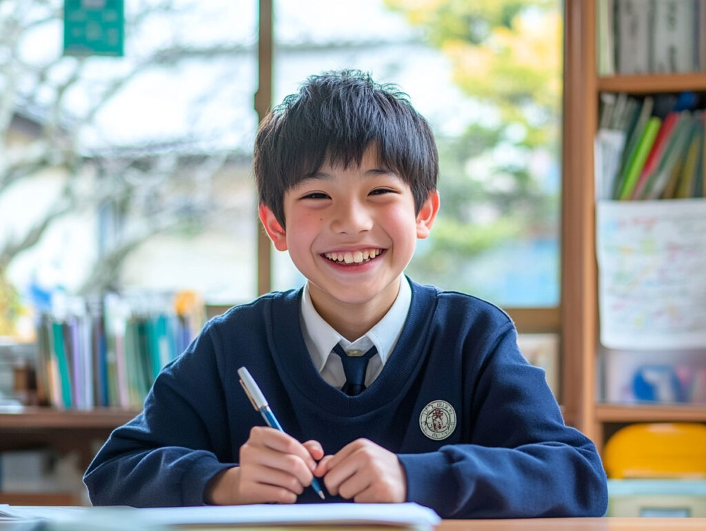 楽しみながら勉強をする中学生男子