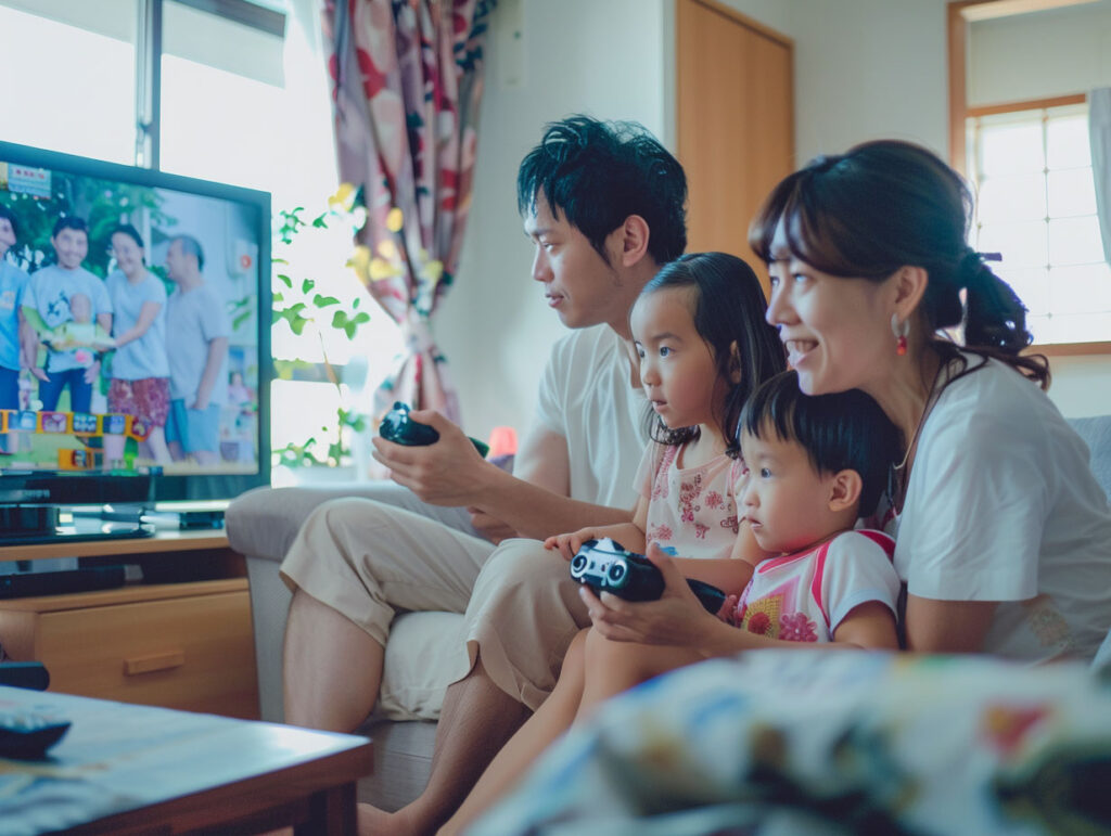 親子でゲームを楽しむ小学生の娘と母親