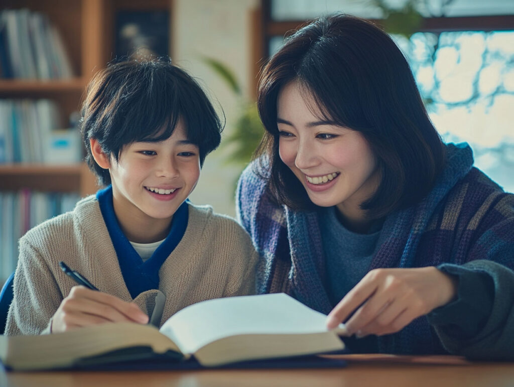 親子で一緒に勉強時間を共有する様子