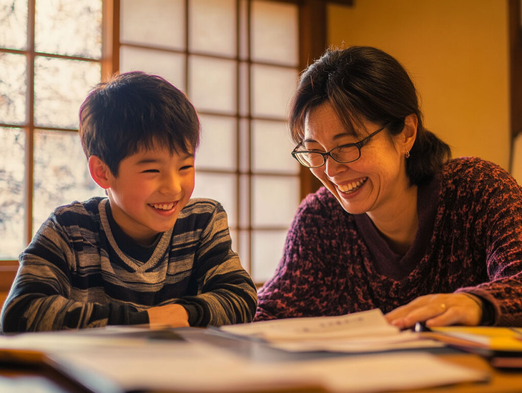 家族と一緒に勉強に取り組む小学生