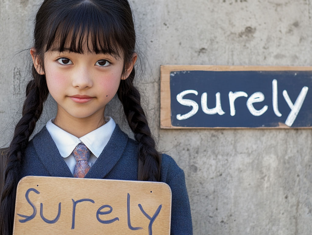重要副詞の「Surely」のボードを持つ女子中学生